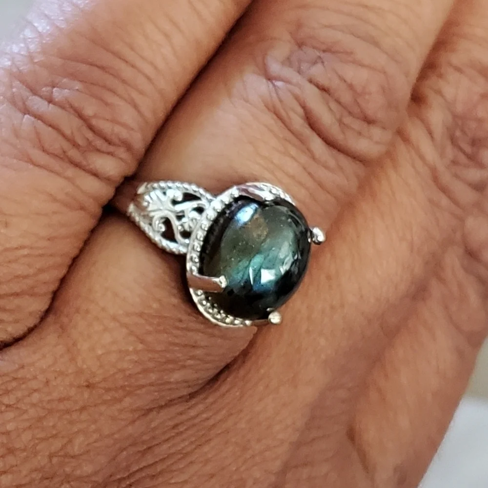 Labradorite Oval Solitaire Ring Platinum Plated